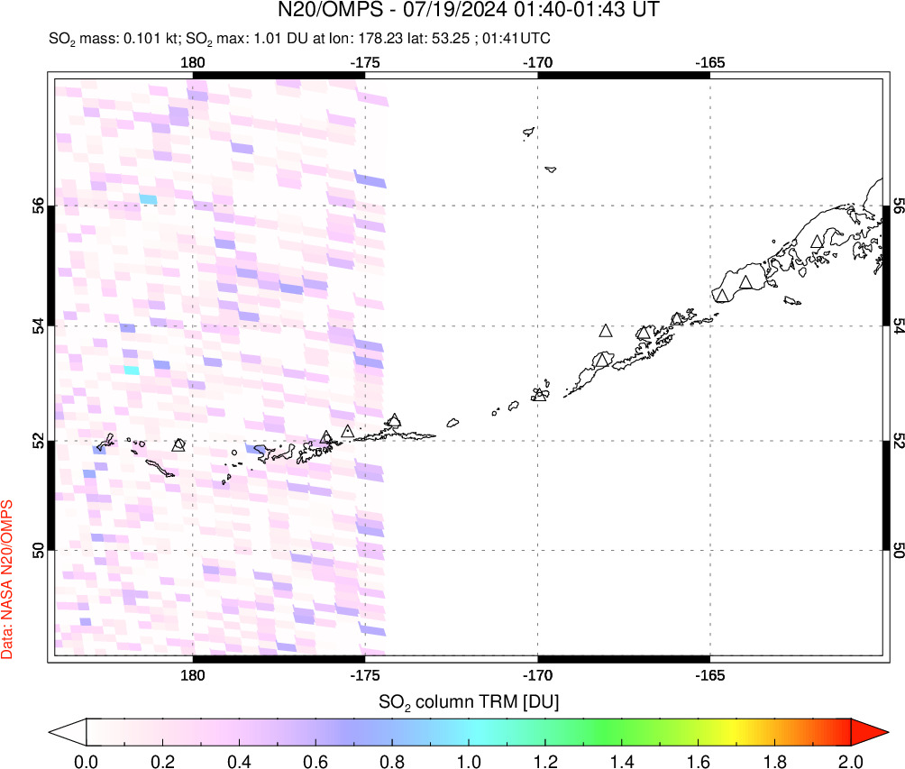 A sulfur dioxide image over Aleutian Islands, Alaska, USA on Jul 19, 2024.