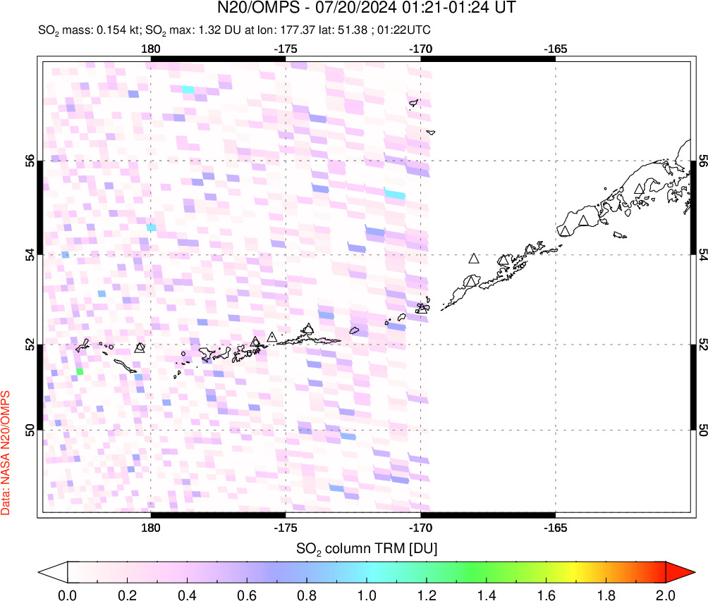 A sulfur dioxide image over Aleutian Islands, Alaska, USA on Jul 20, 2024.