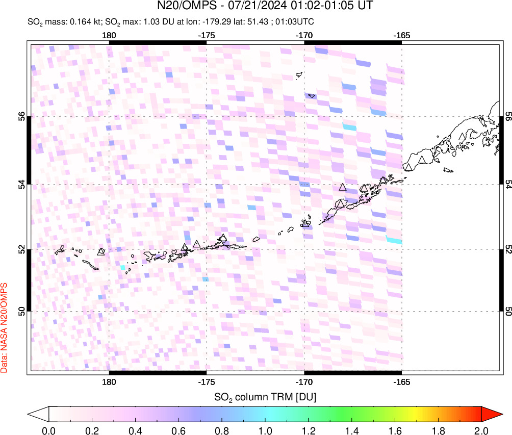 A sulfur dioxide image over Aleutian Islands, Alaska, USA on Jul 21, 2024.