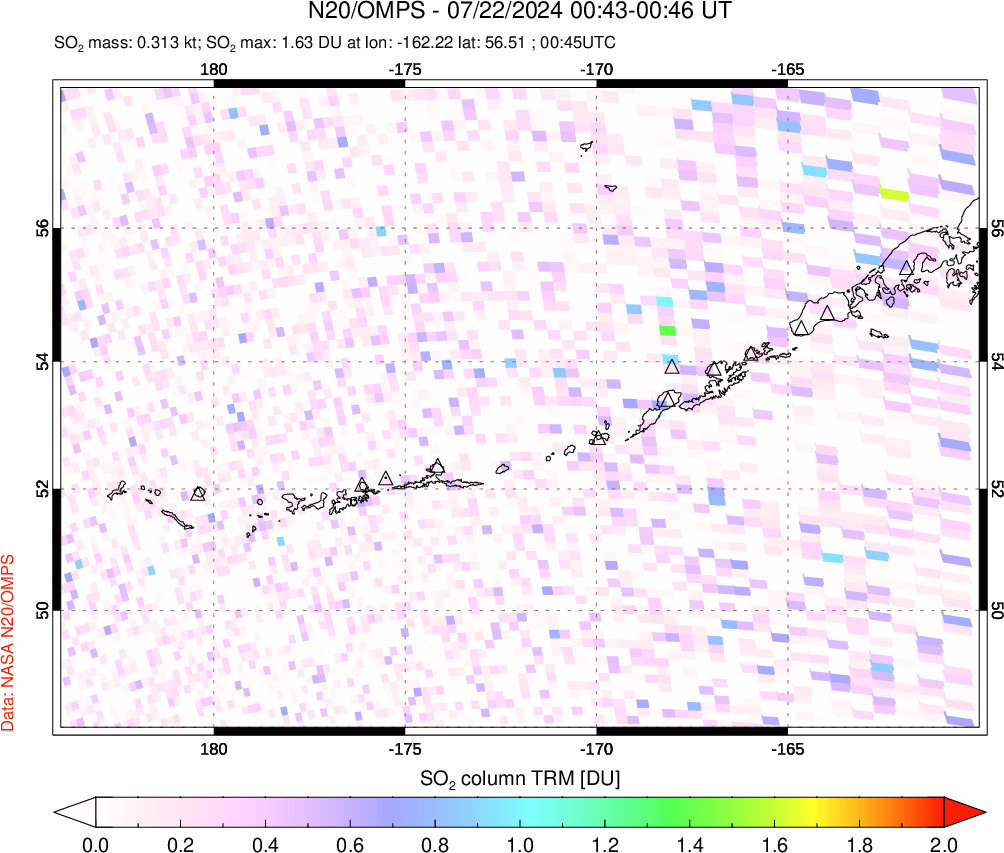 A sulfur dioxide image over Aleutian Islands, Alaska, USA on Jul 22, 2024.