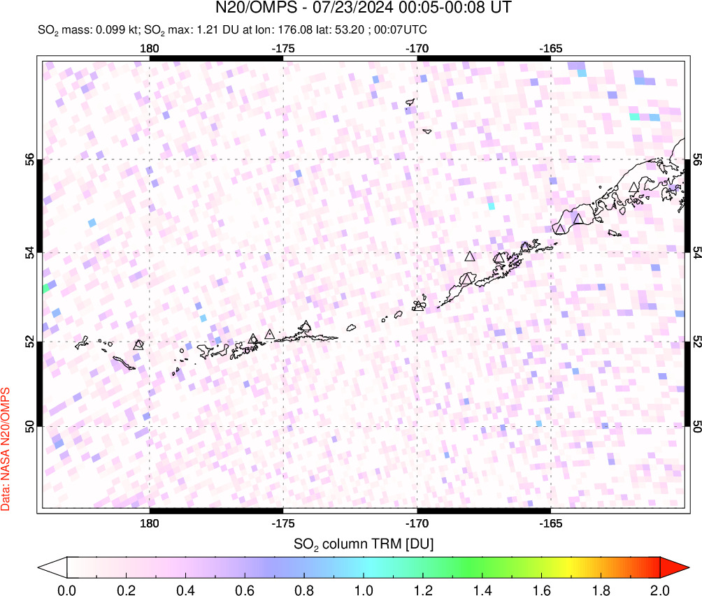 A sulfur dioxide image over Aleutian Islands, Alaska, USA on Jul 23, 2024.