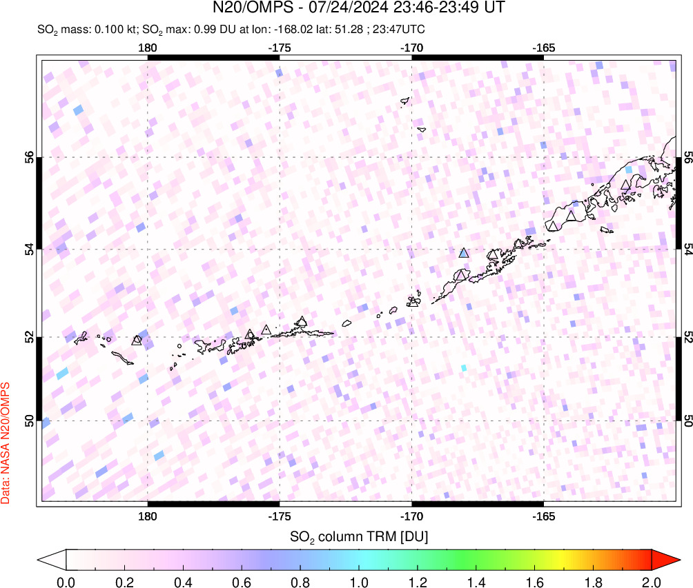 A sulfur dioxide image over Aleutian Islands, Alaska, USA on Jul 24, 2024.