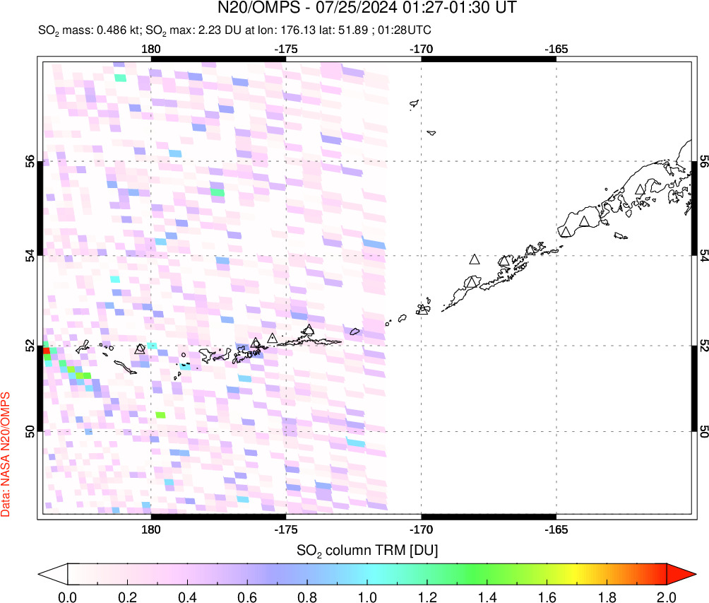 A sulfur dioxide image over Aleutian Islands, Alaska, USA on Jul 25, 2024.