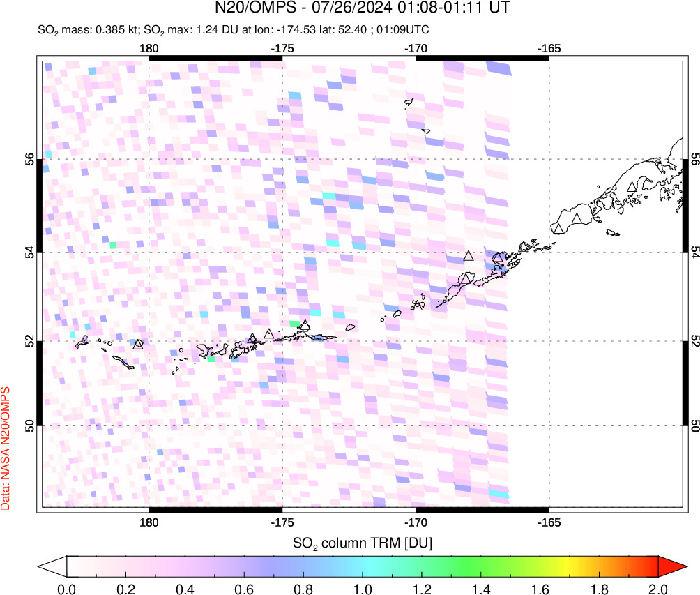 A sulfur dioxide image over Aleutian Islands, Alaska, USA on Jul 26, 2024.