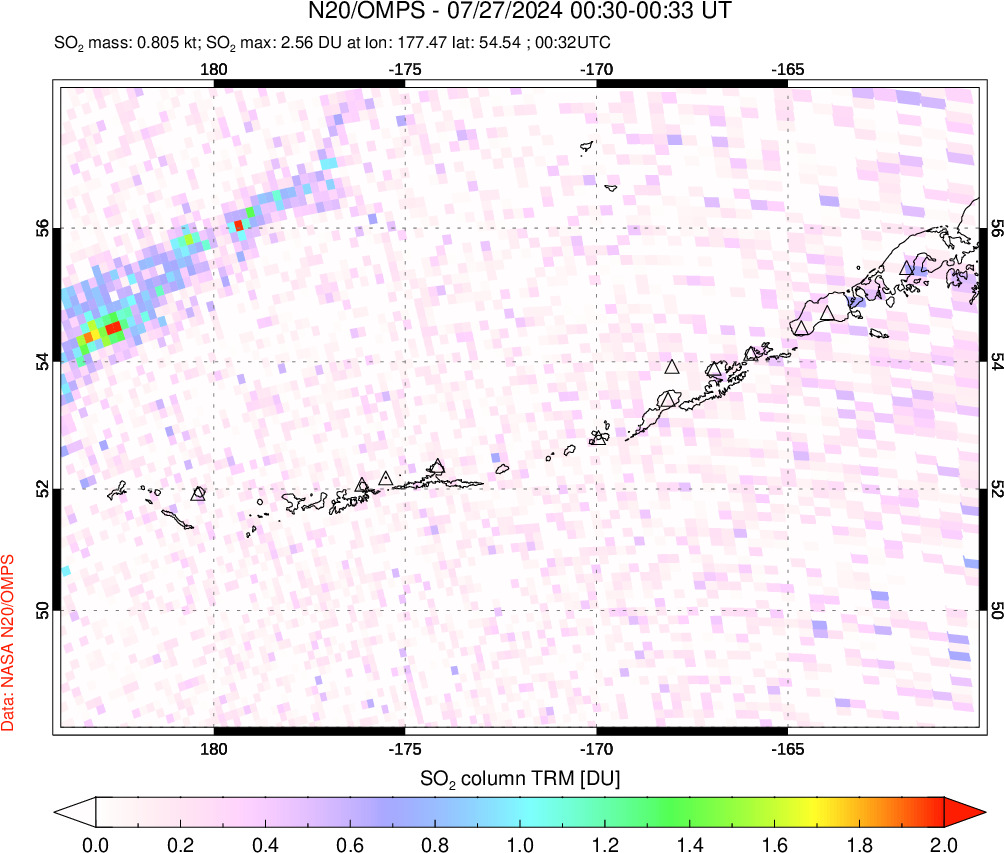 A sulfur dioxide image over Aleutian Islands, Alaska, USA on Jul 27, 2024.