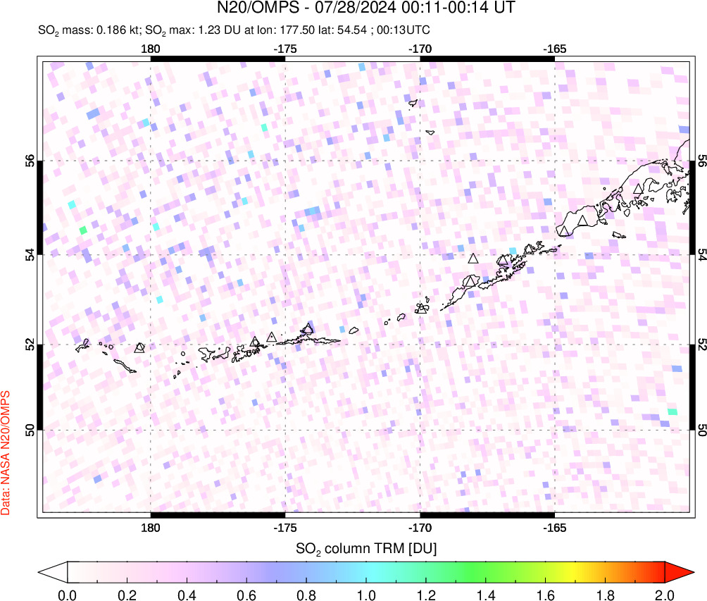 A sulfur dioxide image over Aleutian Islands, Alaska, USA on Jul 28, 2024.