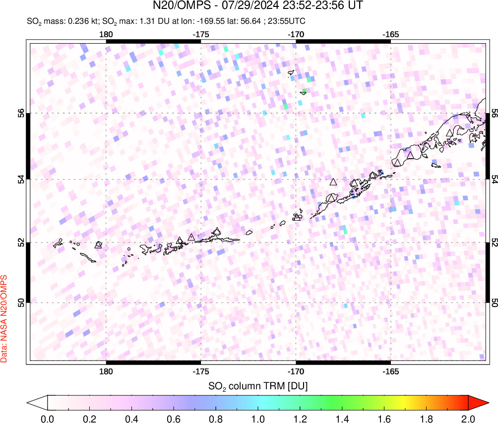 A sulfur dioxide image over Aleutian Islands, Alaska, USA on Jul 29, 2024.