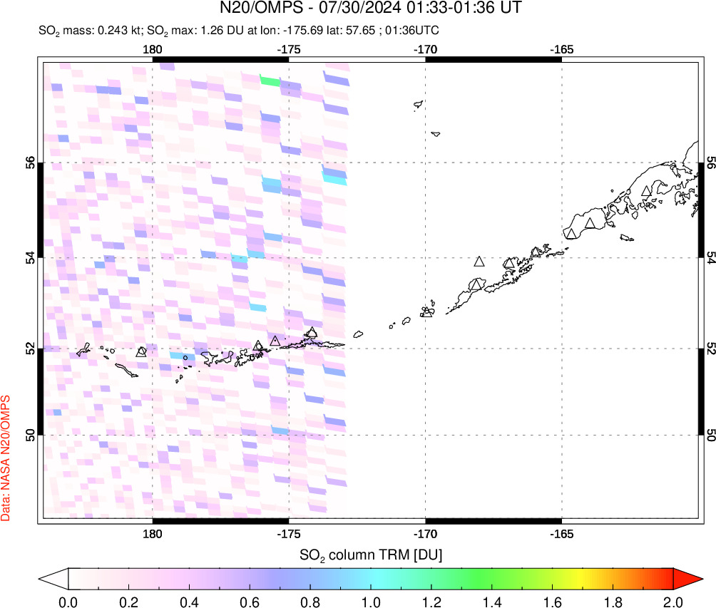 A sulfur dioxide image over Aleutian Islands, Alaska, USA on Jul 30, 2024.