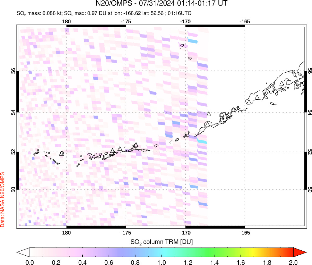 A sulfur dioxide image over Aleutian Islands, Alaska, USA on Jul 31, 2024.