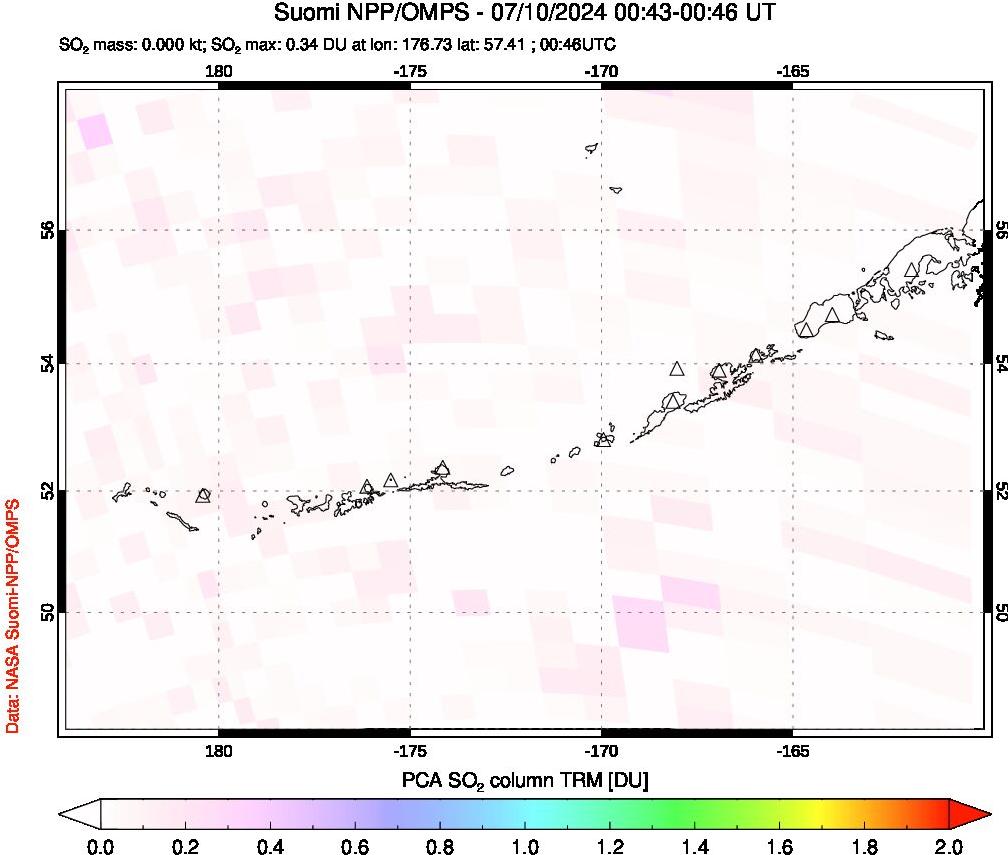 A sulfur dioxide image over Aleutian Islands, Alaska, USA on Jul 10, 2024.