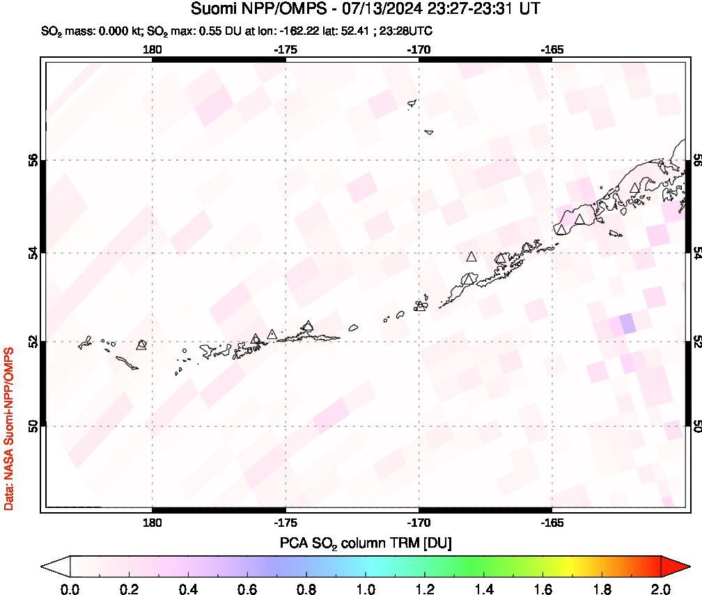 A sulfur dioxide image over Aleutian Islands, Alaska, USA on Jul 13, 2024.