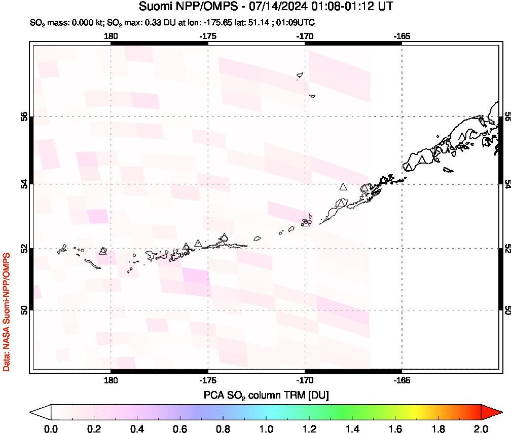 A sulfur dioxide image over Aleutian Islands, Alaska, USA on Jul 14, 2024.