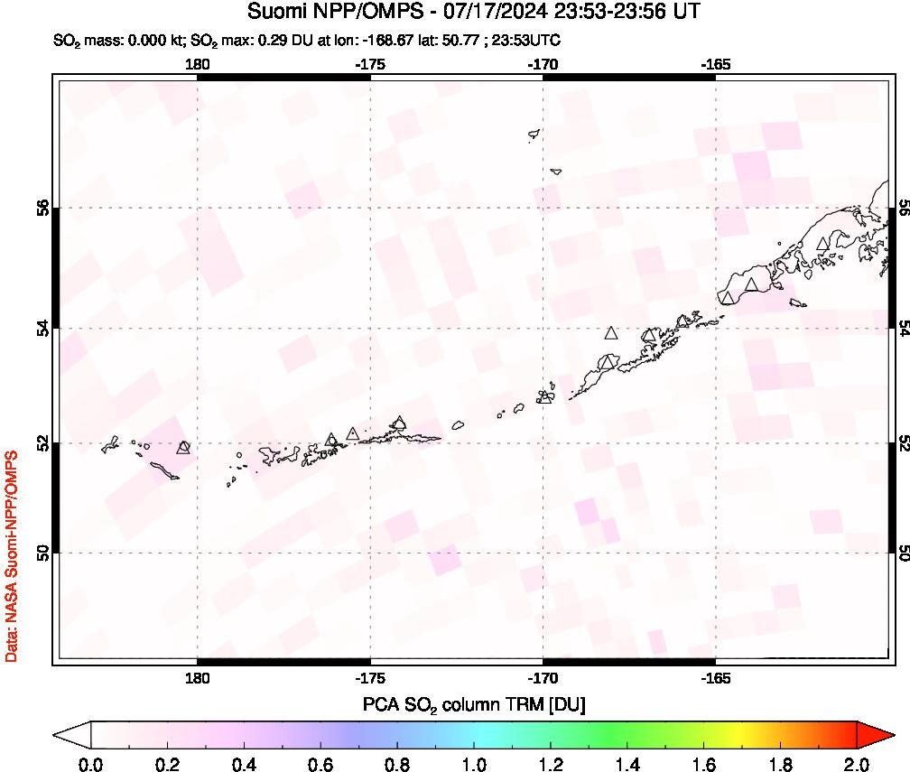 A sulfur dioxide image over Aleutian Islands, Alaska, USA on Jul 17, 2024.