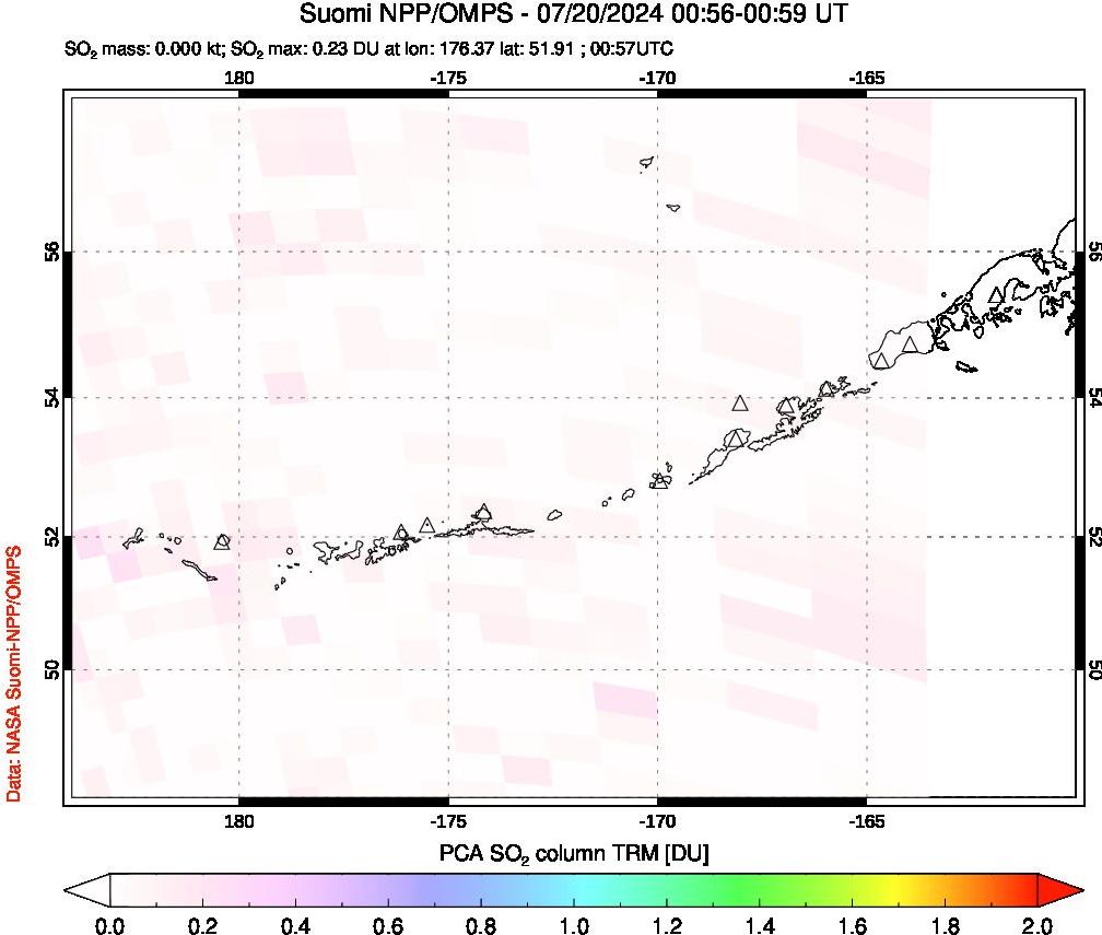 A sulfur dioxide image over Aleutian Islands, Alaska, USA on Jul 20, 2024.