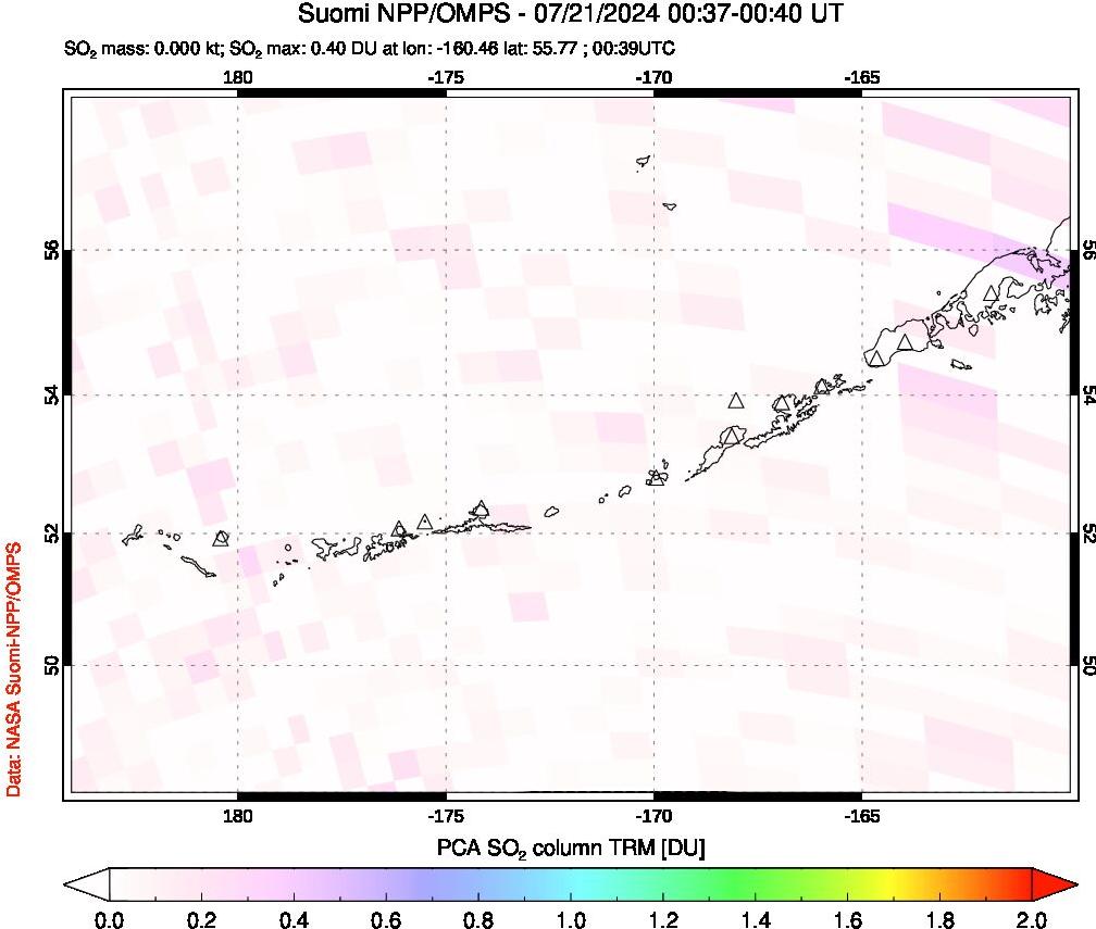 A sulfur dioxide image over Aleutian Islands, Alaska, USA on Jul 21, 2024.