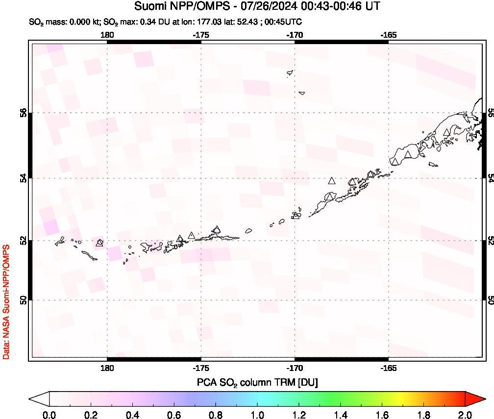 A sulfur dioxide image over Aleutian Islands, Alaska, USA on Jul 26, 2024.