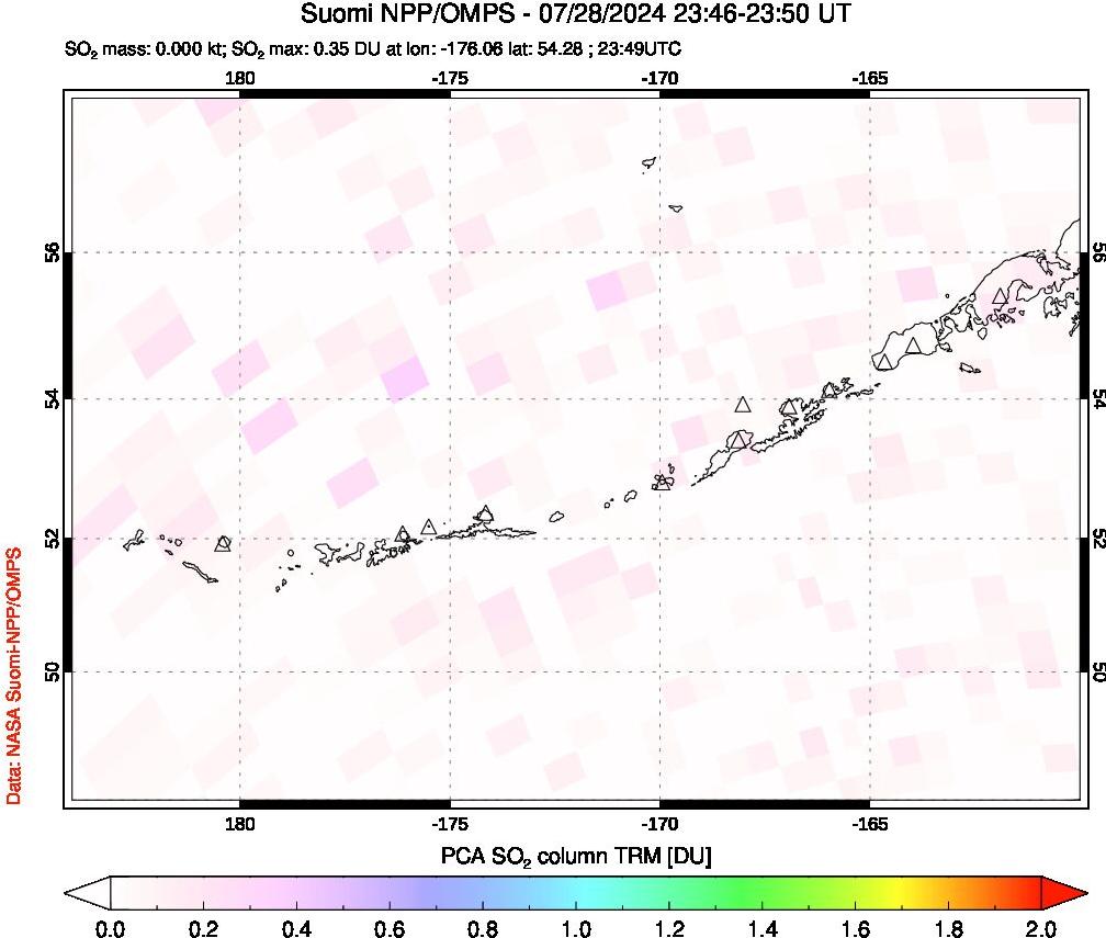 A sulfur dioxide image over Aleutian Islands, Alaska, USA on Jul 28, 2024.