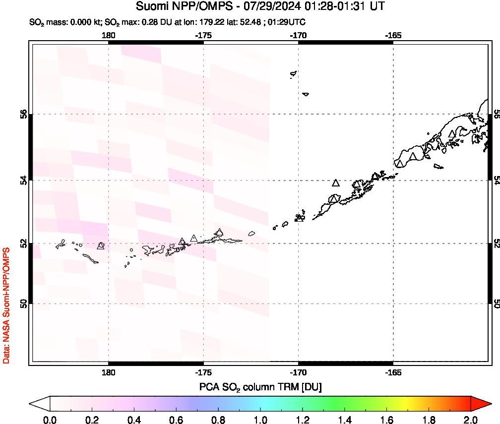 A sulfur dioxide image over Aleutian Islands, Alaska, USA on Jul 29, 2024.