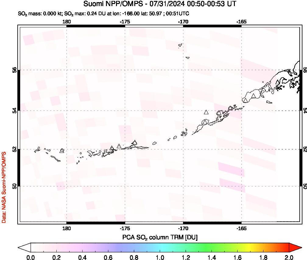 A sulfur dioxide image over Aleutian Islands, Alaska, USA on Jul 31, 2024.