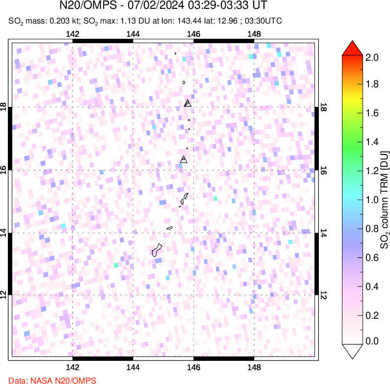 A sulfur dioxide image over Anatahan, Mariana Islands on Jul 02, 2024.