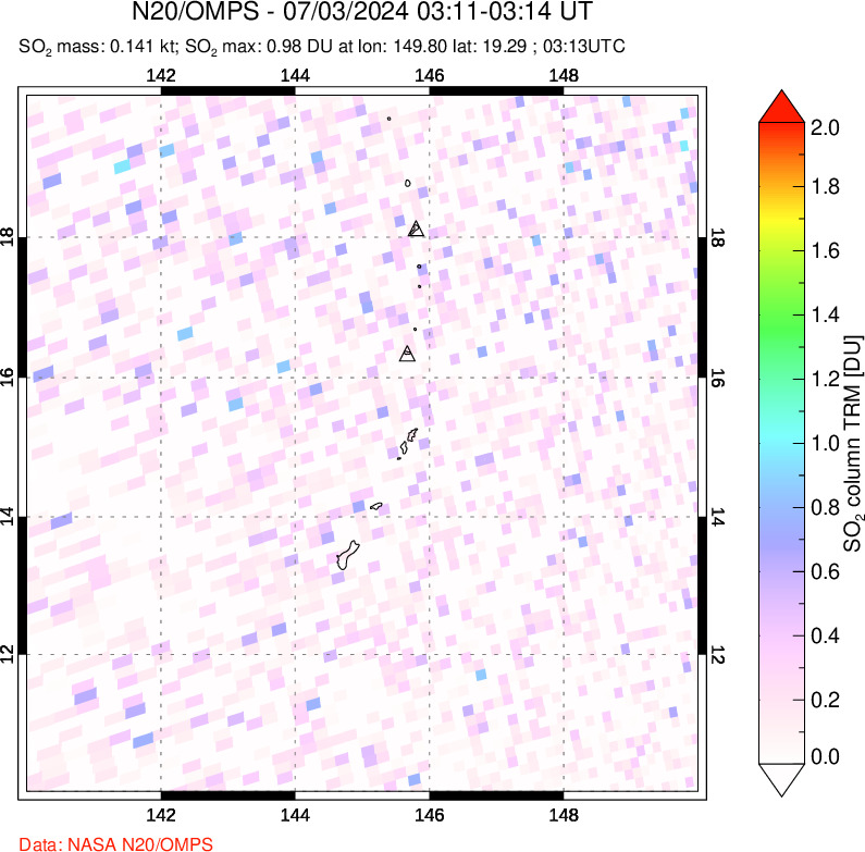 A sulfur dioxide image over Anatahan, Mariana Islands on Jul 03, 2024.