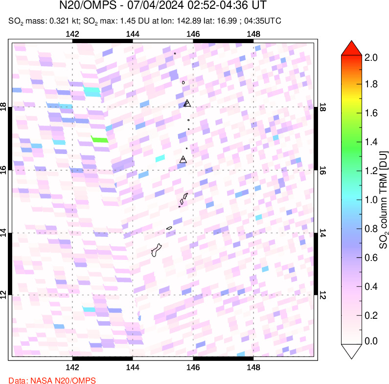 A sulfur dioxide image over Anatahan, Mariana Islands on Jul 04, 2024.