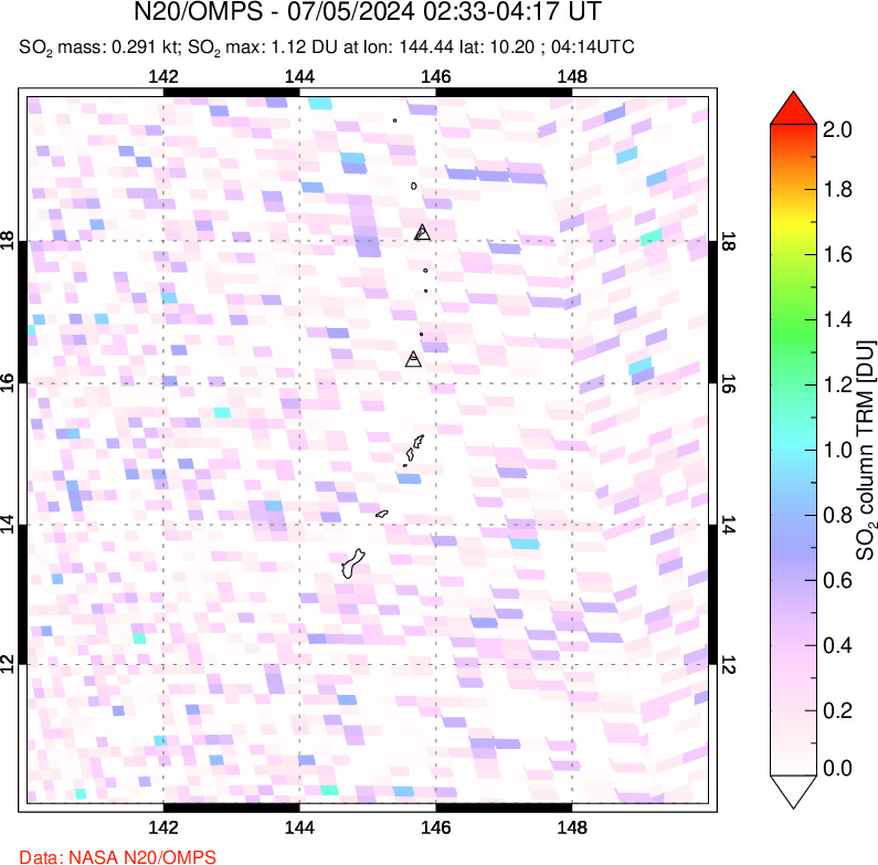 A sulfur dioxide image over Anatahan, Mariana Islands on Jul 05, 2024.