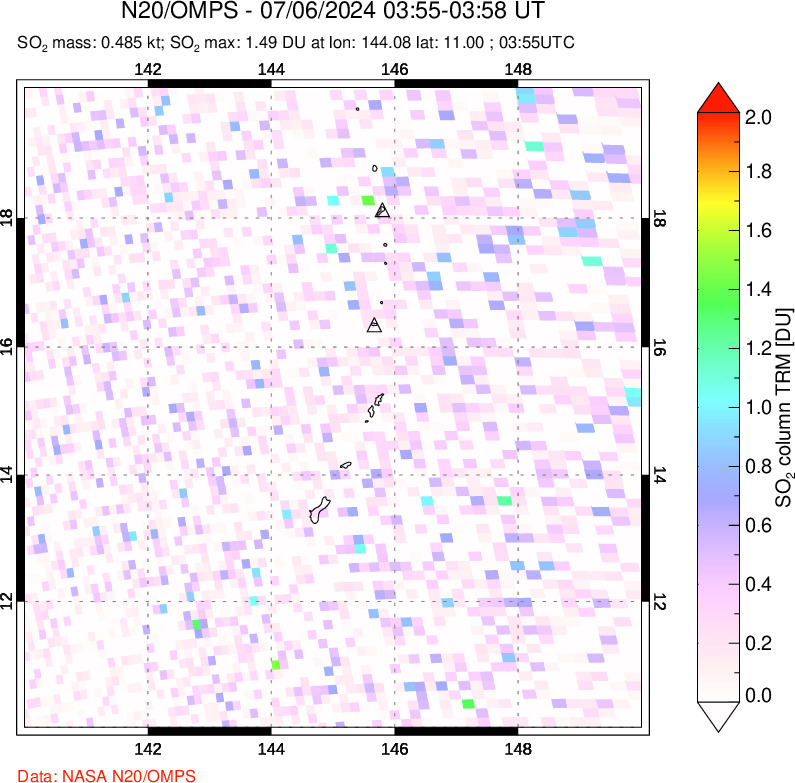 A sulfur dioxide image over Anatahan, Mariana Islands on Jul 06, 2024.