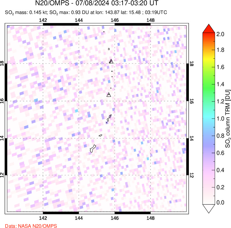 A sulfur dioxide image over Anatahan, Mariana Islands on Jul 08, 2024.