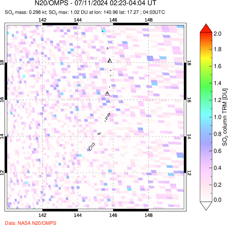 A sulfur dioxide image over Anatahan, Mariana Islands on Jul 11, 2024.