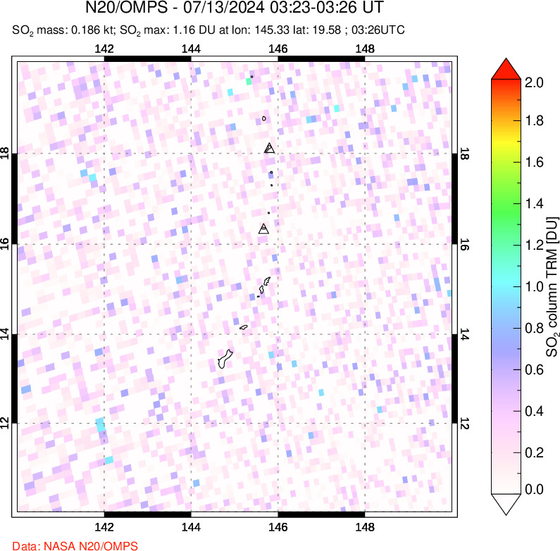 A sulfur dioxide image over Anatahan, Mariana Islands on Jul 13, 2024.