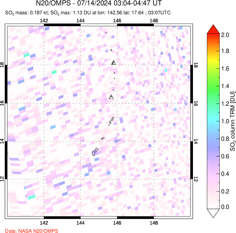 A sulfur dioxide image over Anatahan, Mariana Islands on Jul 14, 2024.