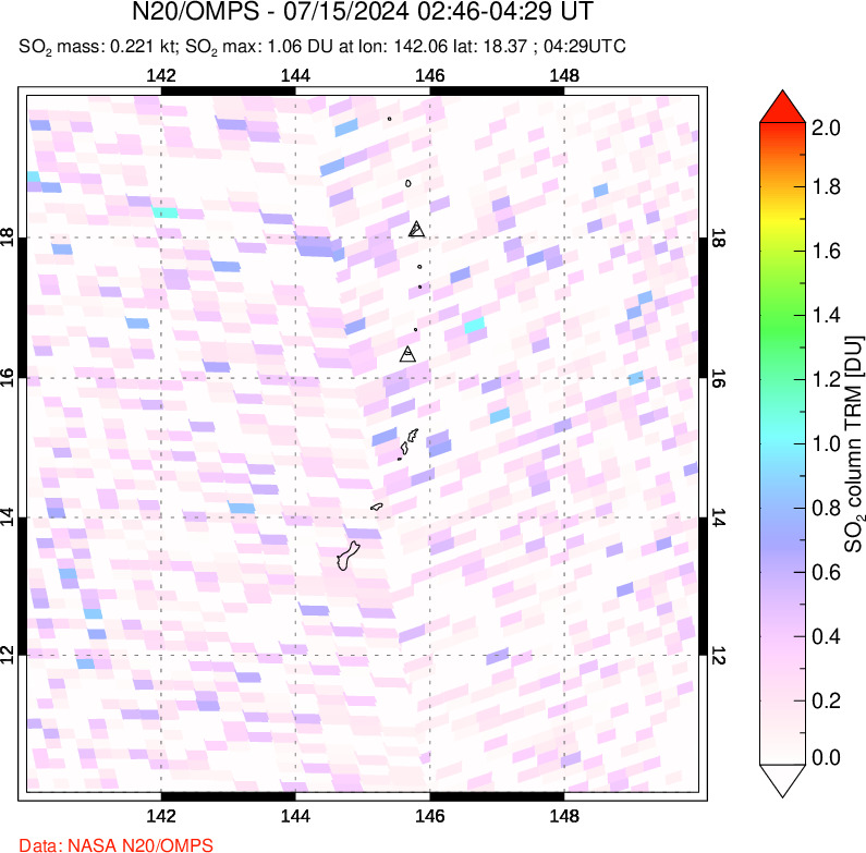 A sulfur dioxide image over Anatahan, Mariana Islands on Jul 15, 2024.