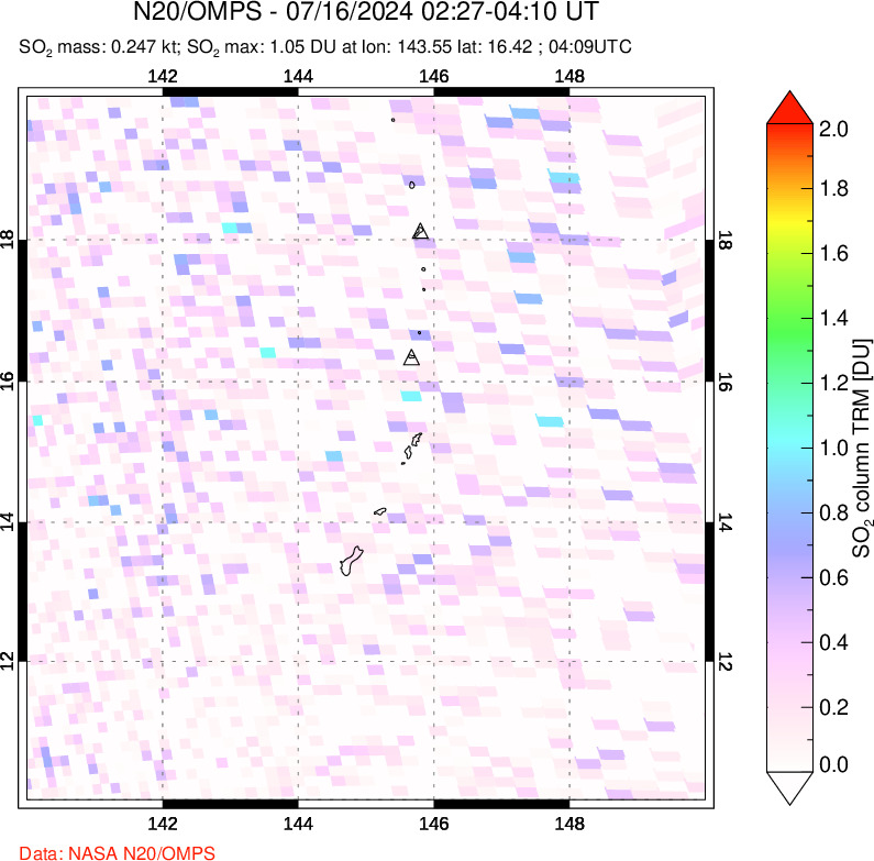 A sulfur dioxide image over Anatahan, Mariana Islands on Jul 16, 2024.