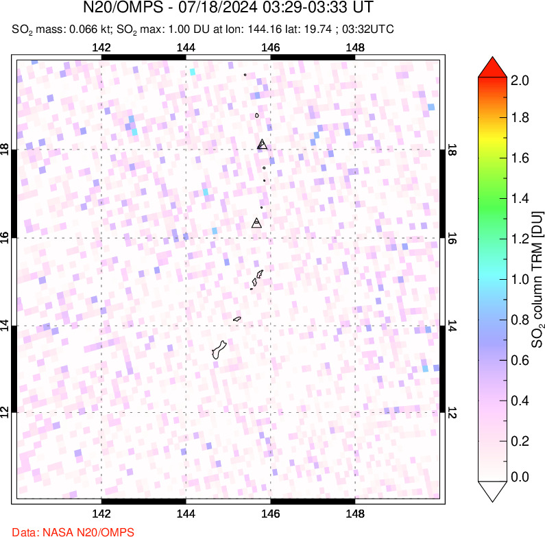 A sulfur dioxide image over Anatahan, Mariana Islands on Jul 18, 2024.