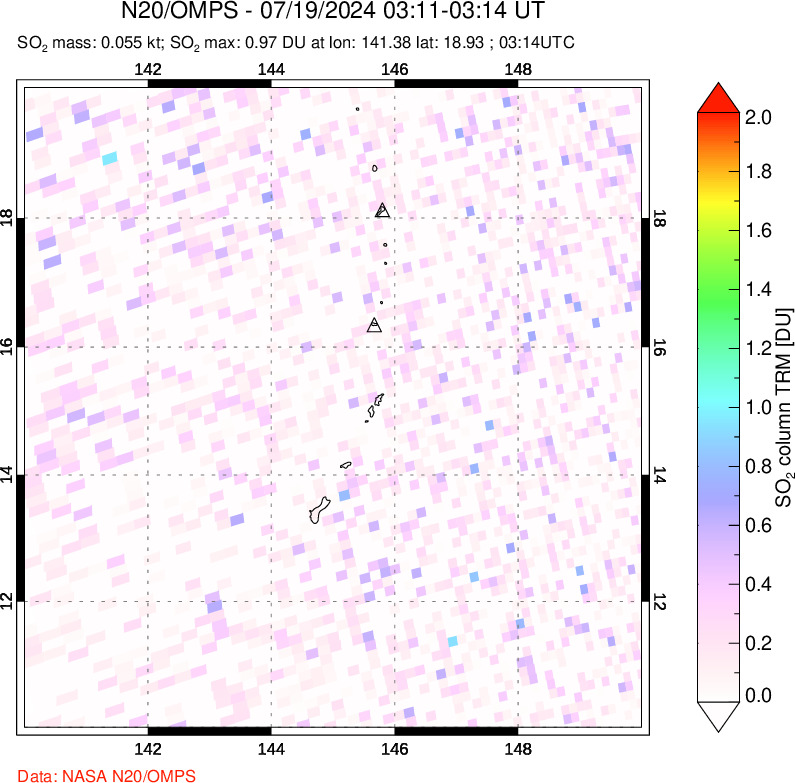 A sulfur dioxide image over Anatahan, Mariana Islands on Jul 19, 2024.