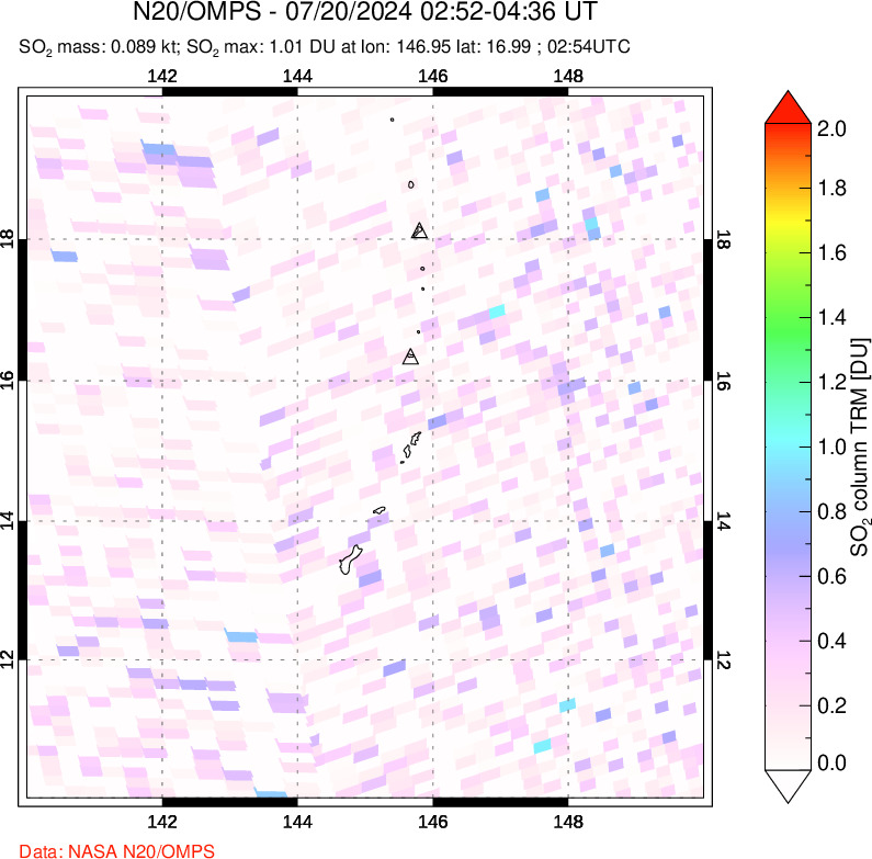 A sulfur dioxide image over Anatahan, Mariana Islands on Jul 20, 2024.