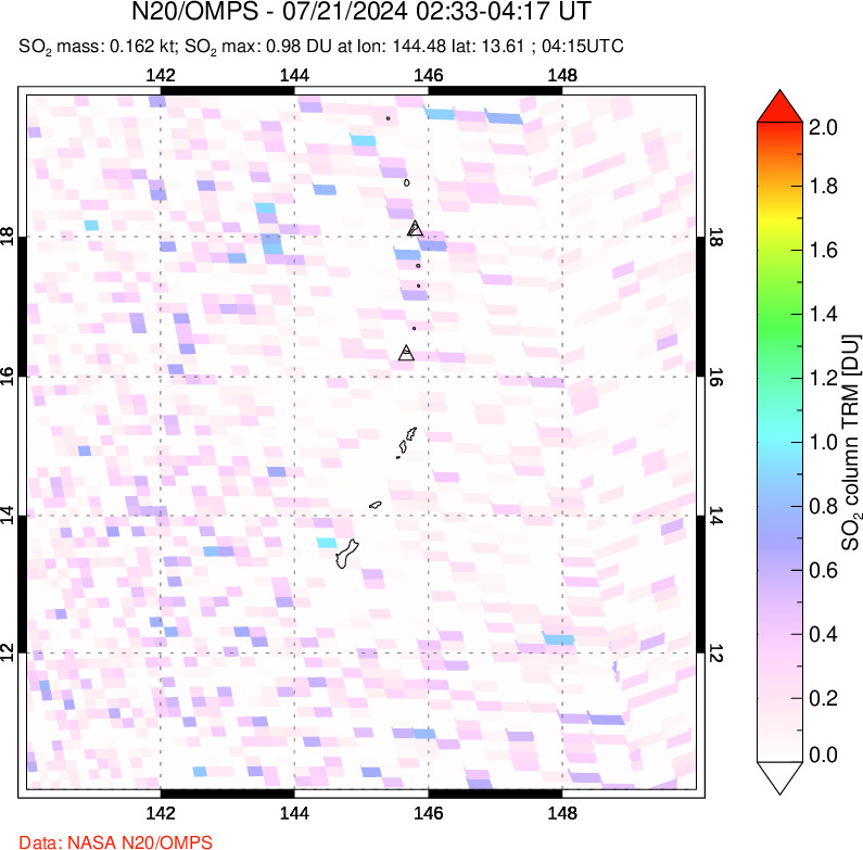 A sulfur dioxide image over Anatahan, Mariana Islands on Jul 21, 2024.