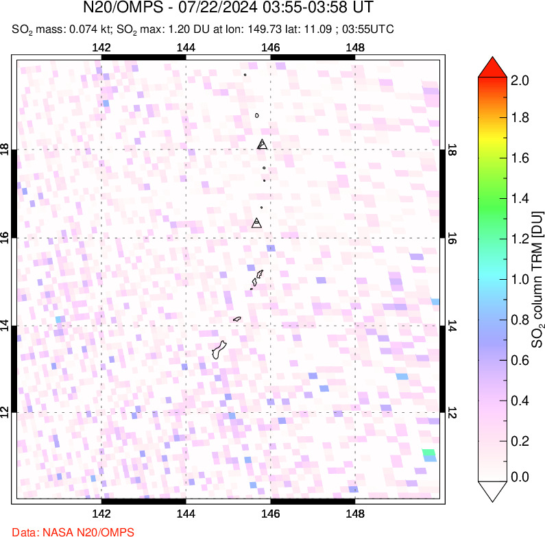 A sulfur dioxide image over Anatahan, Mariana Islands on Jul 22, 2024.