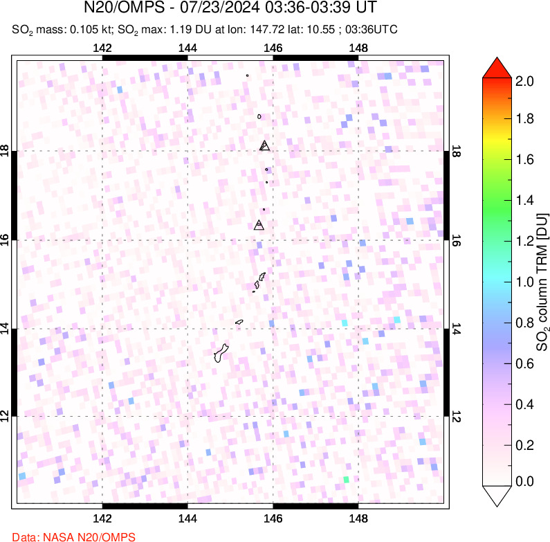 A sulfur dioxide image over Anatahan, Mariana Islands on Jul 23, 2024.