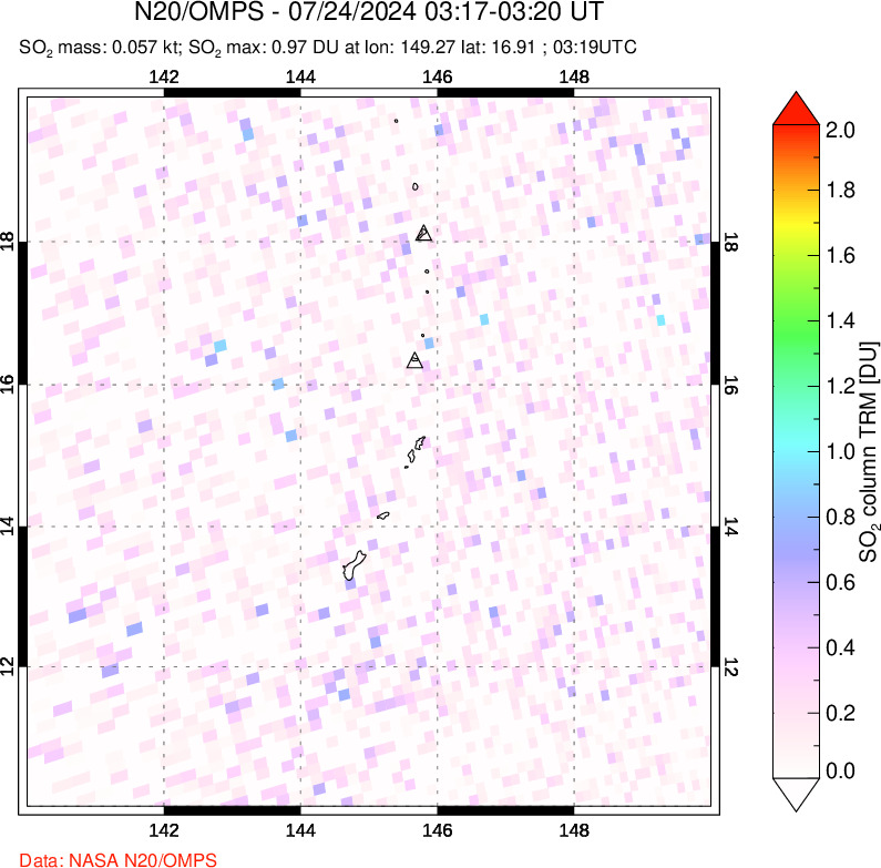 A sulfur dioxide image over Anatahan, Mariana Islands on Jul 24, 2024.