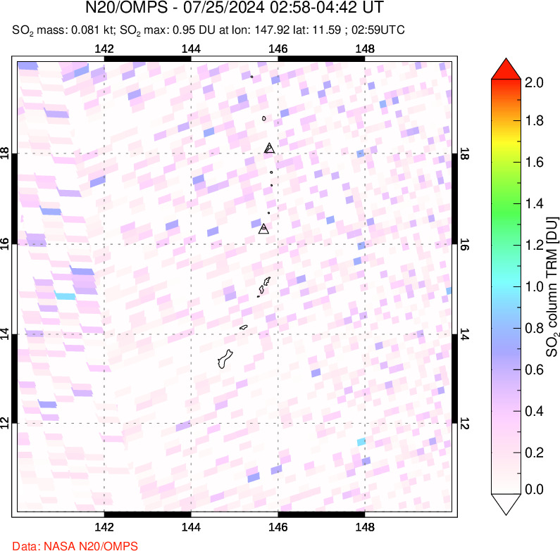 A sulfur dioxide image over Anatahan, Mariana Islands on Jul 25, 2024.