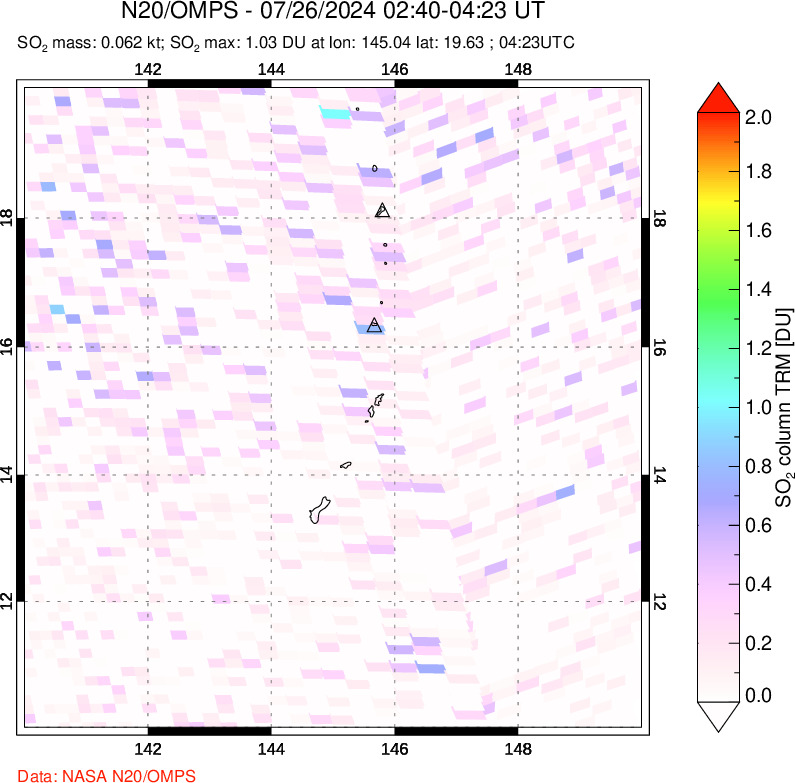 A sulfur dioxide image over Anatahan, Mariana Islands on Jul 26, 2024.