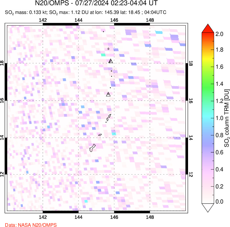 A sulfur dioxide image over Anatahan, Mariana Islands on Jul 27, 2024.