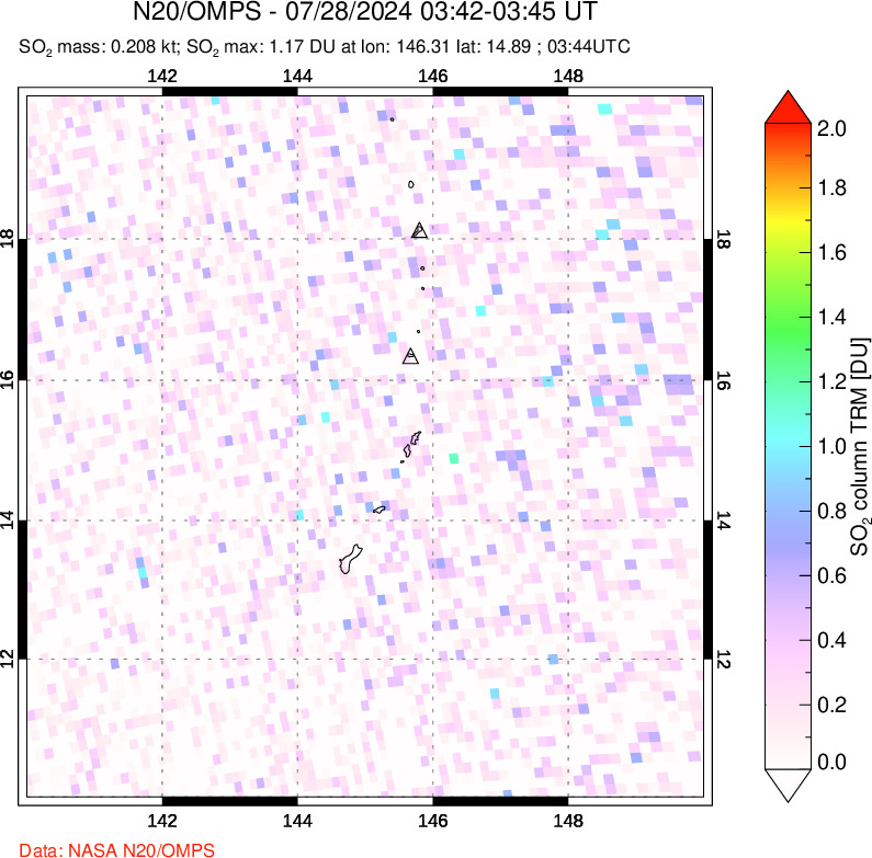 A sulfur dioxide image over Anatahan, Mariana Islands on Jul 28, 2024.