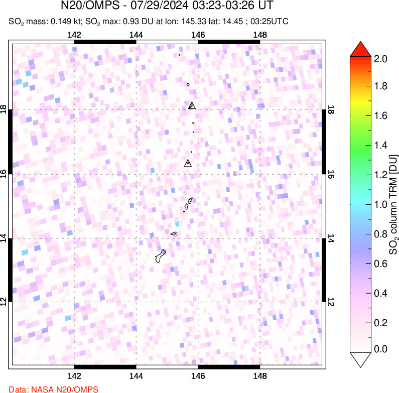 A sulfur dioxide image over Anatahan, Mariana Islands on Jul 29, 2024.