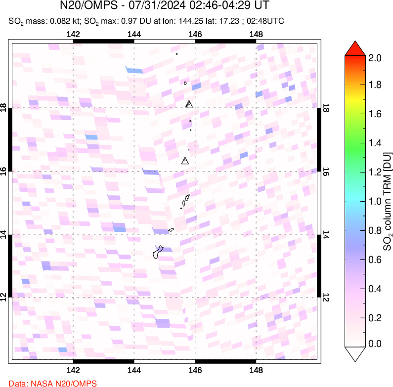 A sulfur dioxide image over Anatahan, Mariana Islands on Jul 31, 2024.