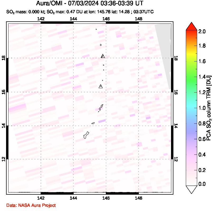 A sulfur dioxide image over Anatahan, Mariana Islands on Jul 03, 2024.