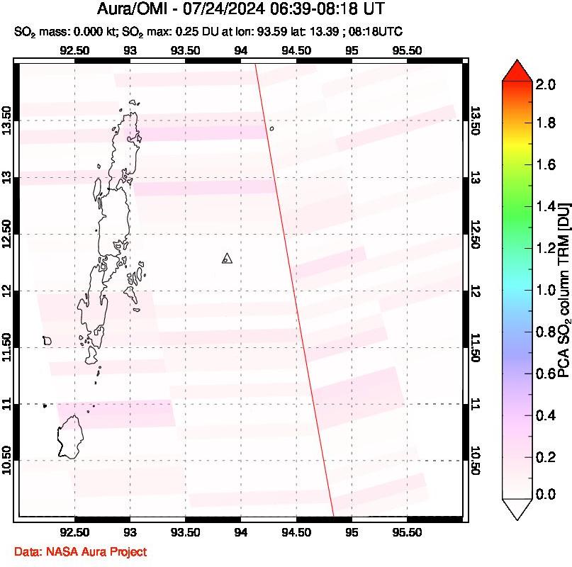 A sulfur dioxide image over Andaman Islands, Indian Ocean on Jul 24, 2024.