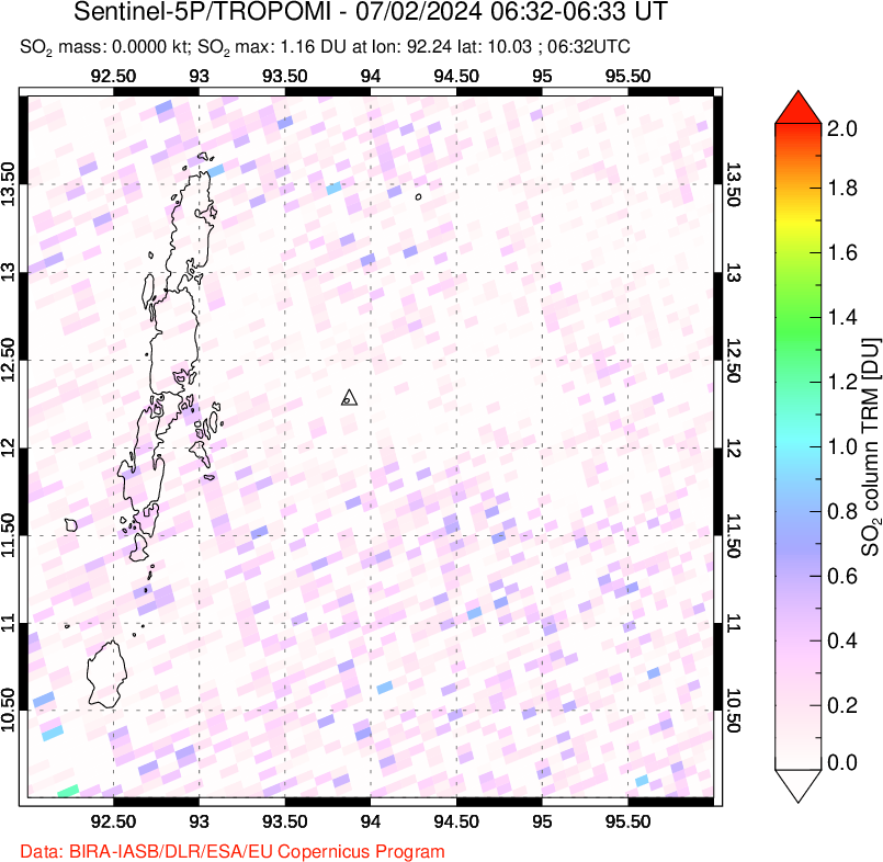 A sulfur dioxide image over Andaman Islands, Indian Ocean on Jul 02, 2024.